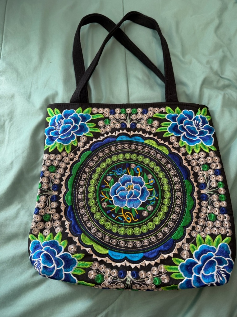Embroidered Blue & Green Floral Tote Bag - Women Bags